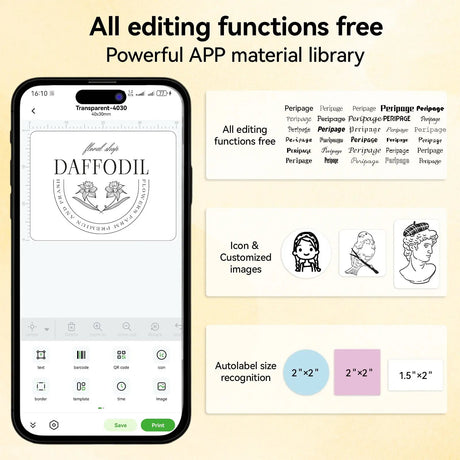 PB20 Bluetooth Label Printer, 2 Inch Portable Picture Thermal Printer, highlighting the app’s free editing features and extensive material library