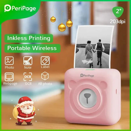 PeriPage 2" A6 Mini Printer in pink, inkless printing with portable wireless design, perfect for printing photos and labels with OCR support