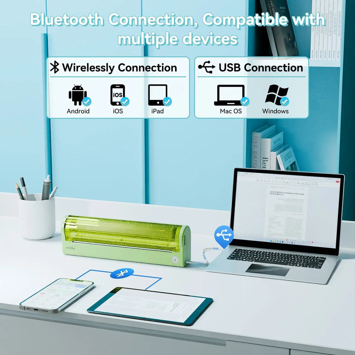 PeriPage P80 portable thermal printer used in various daily scenes — at home, in the office, by students, and during travel, offering convenient wireless printing.