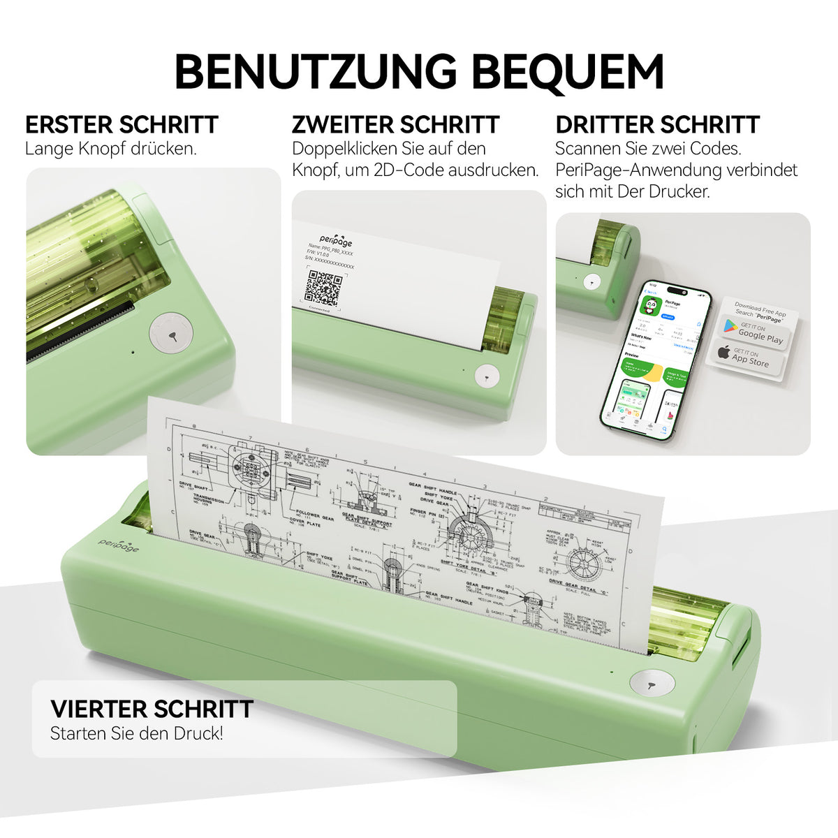 PeriPage P80 portable thermal printer in green showing step-by-step setup — press the button, print QR code, connect via app, and start printing easily from your phone.