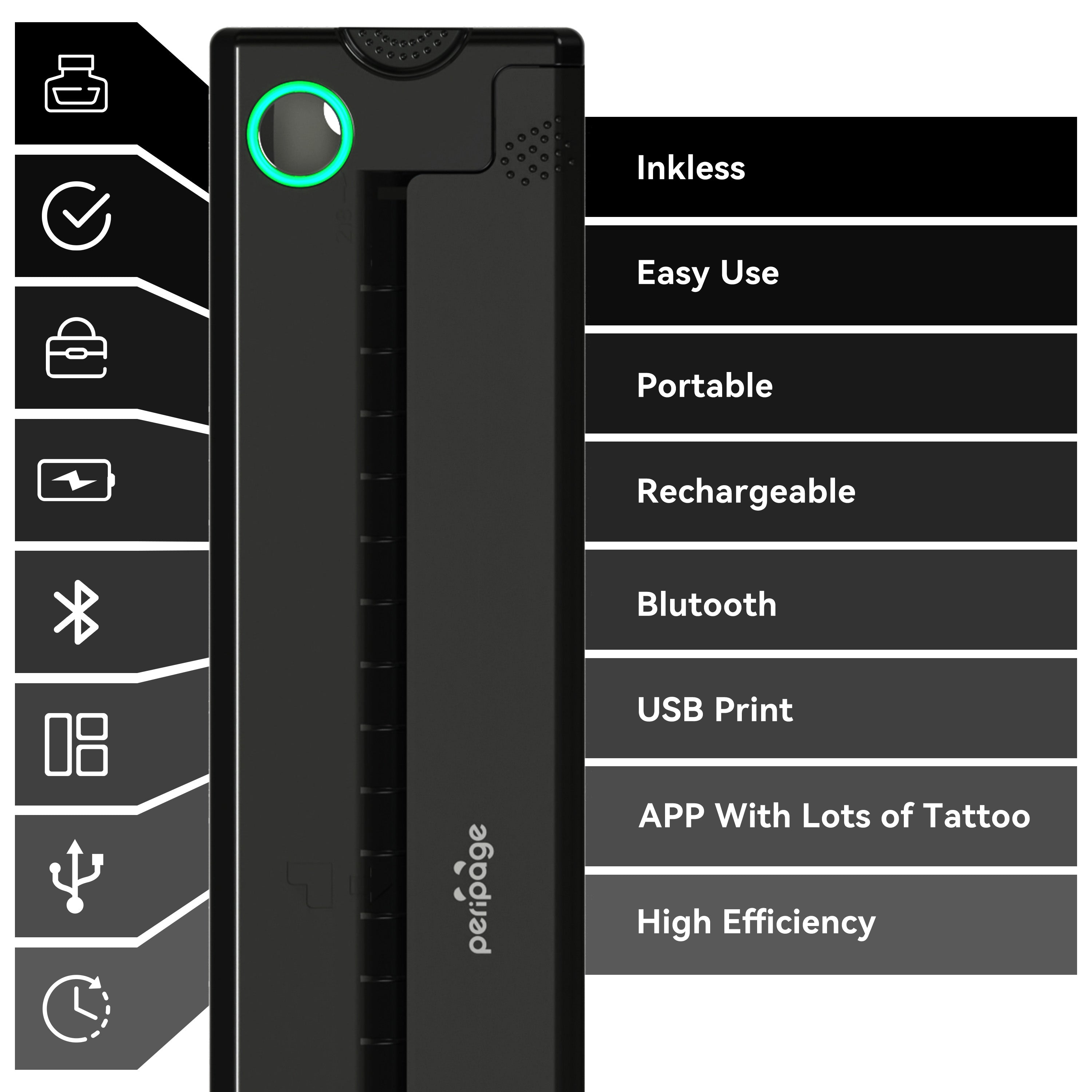 Close-up of PeriPage P90 Tattoo Stencil Printer highlighting features including inkless printing, easy use, portability, rechargeable battery, Bluetooth, USB print, and tattoo app compatibility.