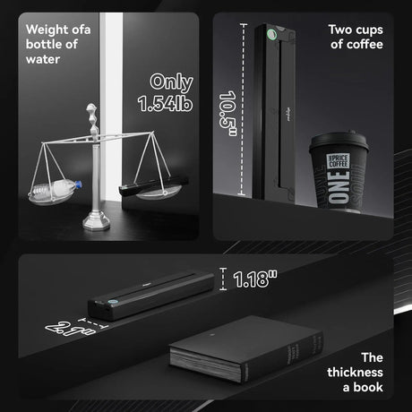 Close-up of PeriPage P90 Tattoo Stencil Printer highlighting features including inkless printing, easy use, portability, rechargeable battery, Bluetooth, USB print, and tattoo app compatibility.