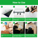 PeriPage Tattoo Transfer Paper for Wireless Tattoo Printer (P90, P90Pino), illustrating the step-by-step process of applying the tattoo transfer paper onto the skin