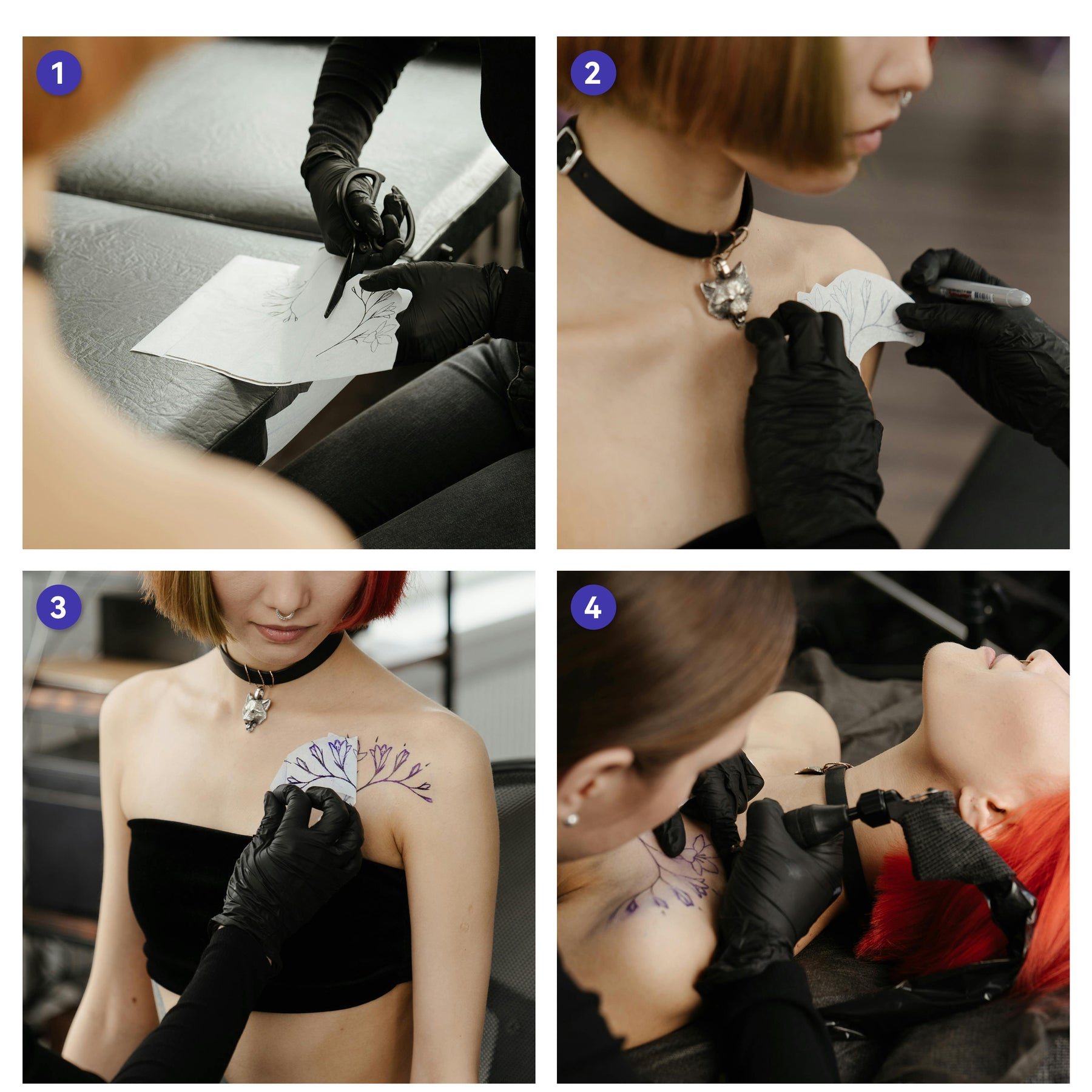 PeriPage Tattoo Transfer Paper for Wireless Tattoo Printer (P90, P90Pino), illustrating the step-by-step process of applying the tattoo transfer paper onto the skin