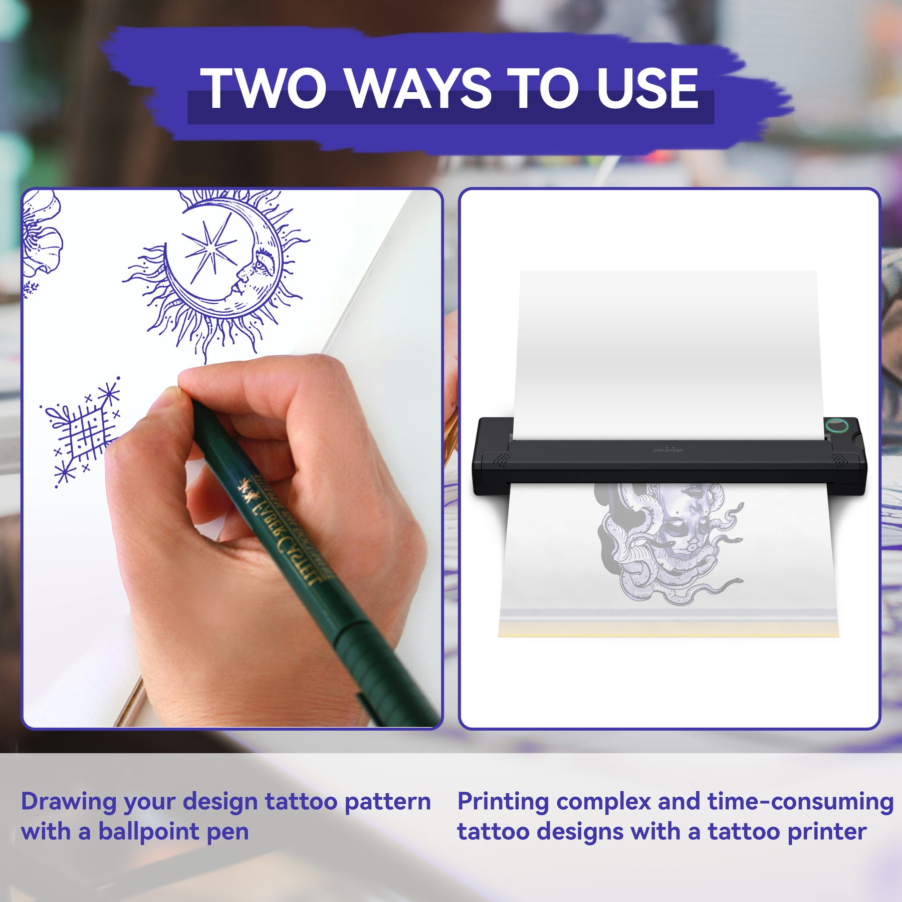 PeriPage Tattoo Transfer Paper for Wireless Tattoo Printer (P90, P90Pino), featuring a comparison between fast tattoo image printing with the product and a tattoo artist drawing designs manually