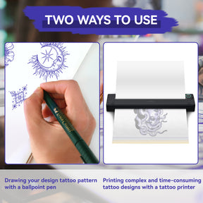 PeriPage Tattoo Transfer Paper for Wireless Tattoo Printer (P90, P90Pino), featuring a comparison between fast tattoo image printing with the product and a tattoo artist drawing designs manually