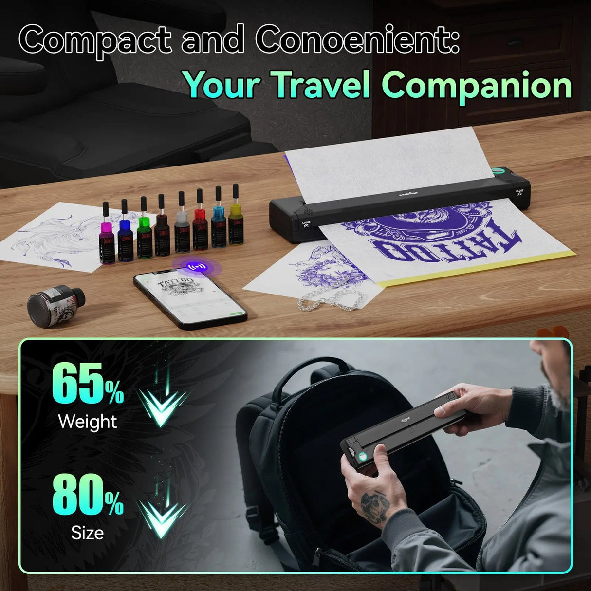 Tattoo artists preparing and printing multiple tattoo designs with PeriPage P90 Tattoo Stencil Printer connected to a laptop, surrounded by printed tattoo pattern sheets.