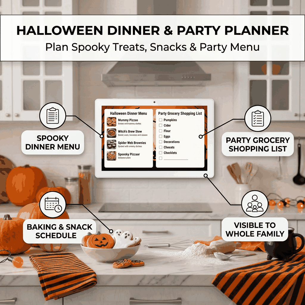 Halloween Dinner and Party Planner infographic with spooky feast menu and grocery list
