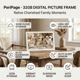 PeriPage 32GB Digital Picture Frame mode infographic showing family portrait in living room