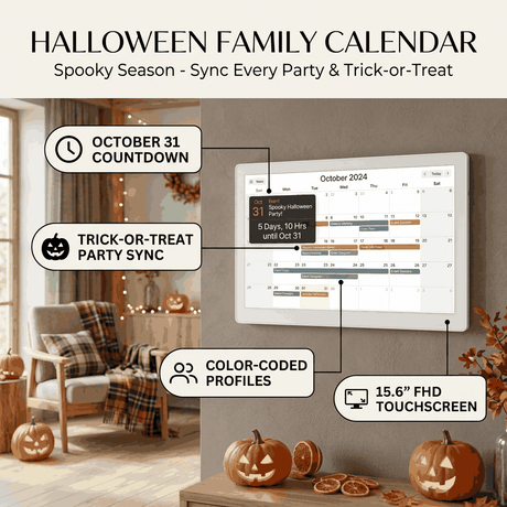 Halloween Family Calendar with October 31 countdown and trick-or-treat party sync callouts