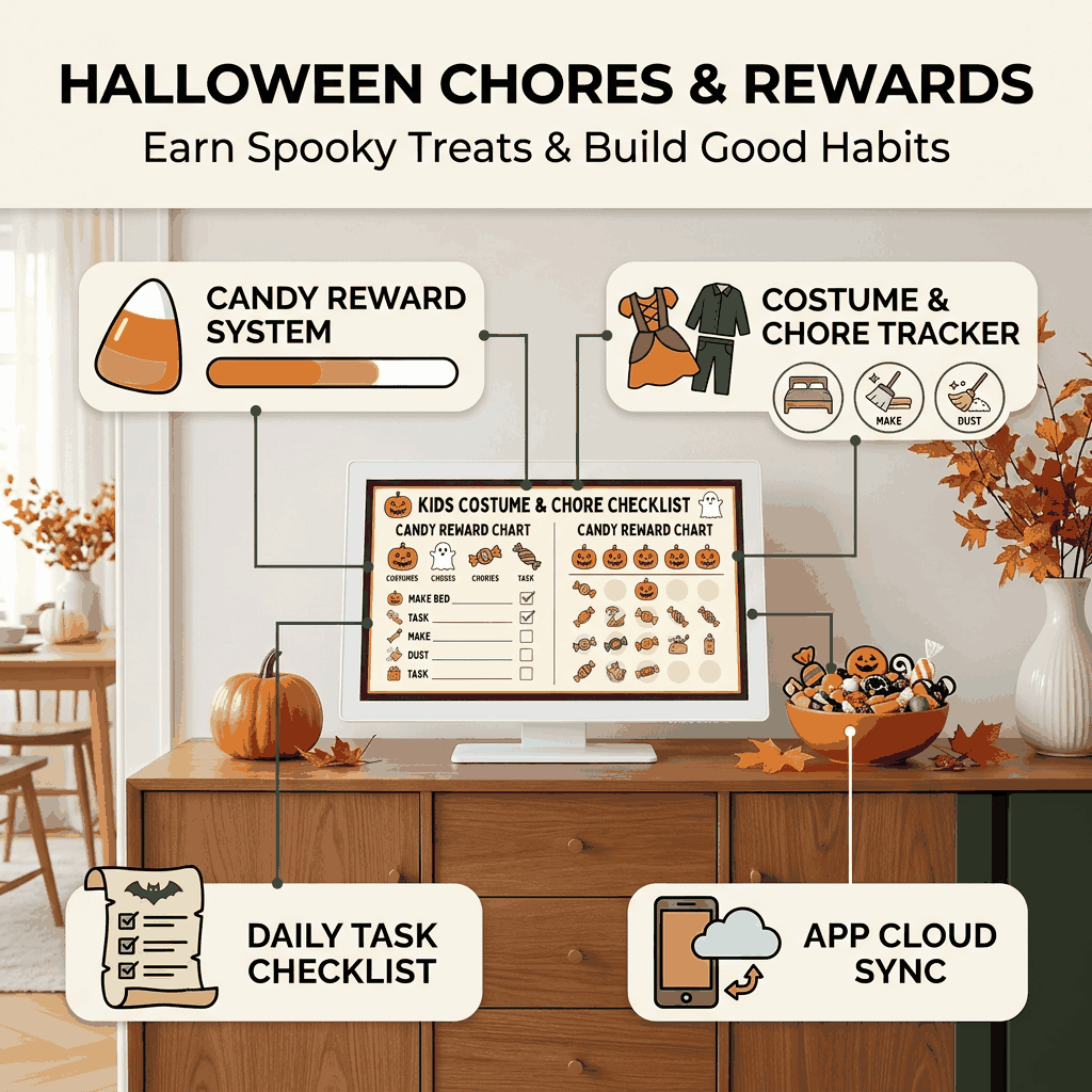 Halloween Chores and Rewards infographic with candy reward system and costume task checklist