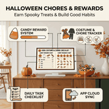 Halloween Chores and Rewards infographic with candy reward system and costume task checklist