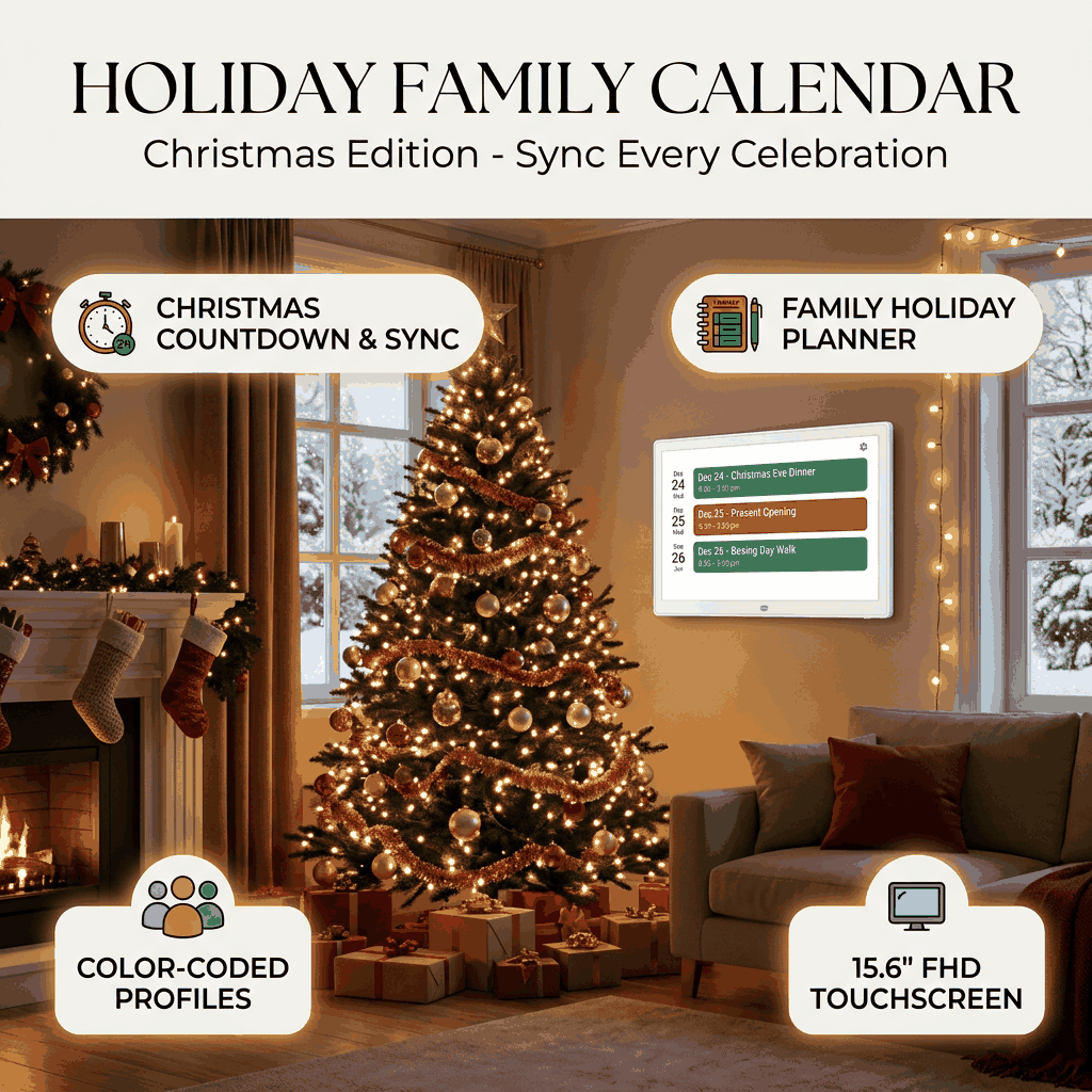 Holiday Family Calendar Christmas Edition with Christmas tree and holiday countdown sync callouts