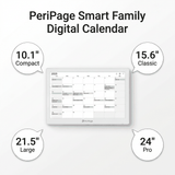 PeriPage Smart Family Digital Calendar Hero White Background with 4 Sizes callouts