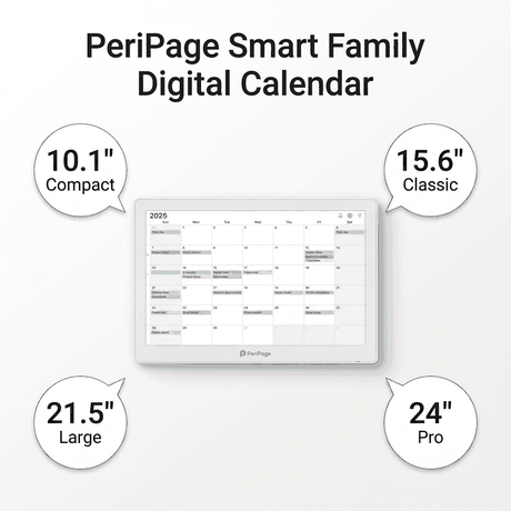 PeriPage Smart Family Digital Calendar Hero White Background with 4 Sizes callouts