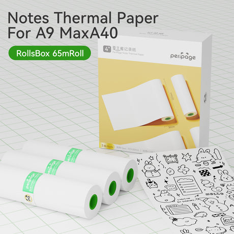 PeriPage 107x30mm White Note Thermal Paper - 3 Rolls per Box, compatible with A9 Max and A40 printers, ideal for note-taking and lists.