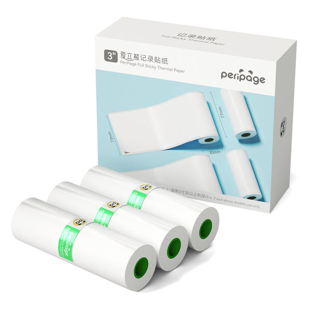 PeriPage 77x30mm Full Sticky Thermal Paper - 3 Rolls per Box, designed for 3-inch and larger printers, features strong adhesive backing for versatile labeling applications.