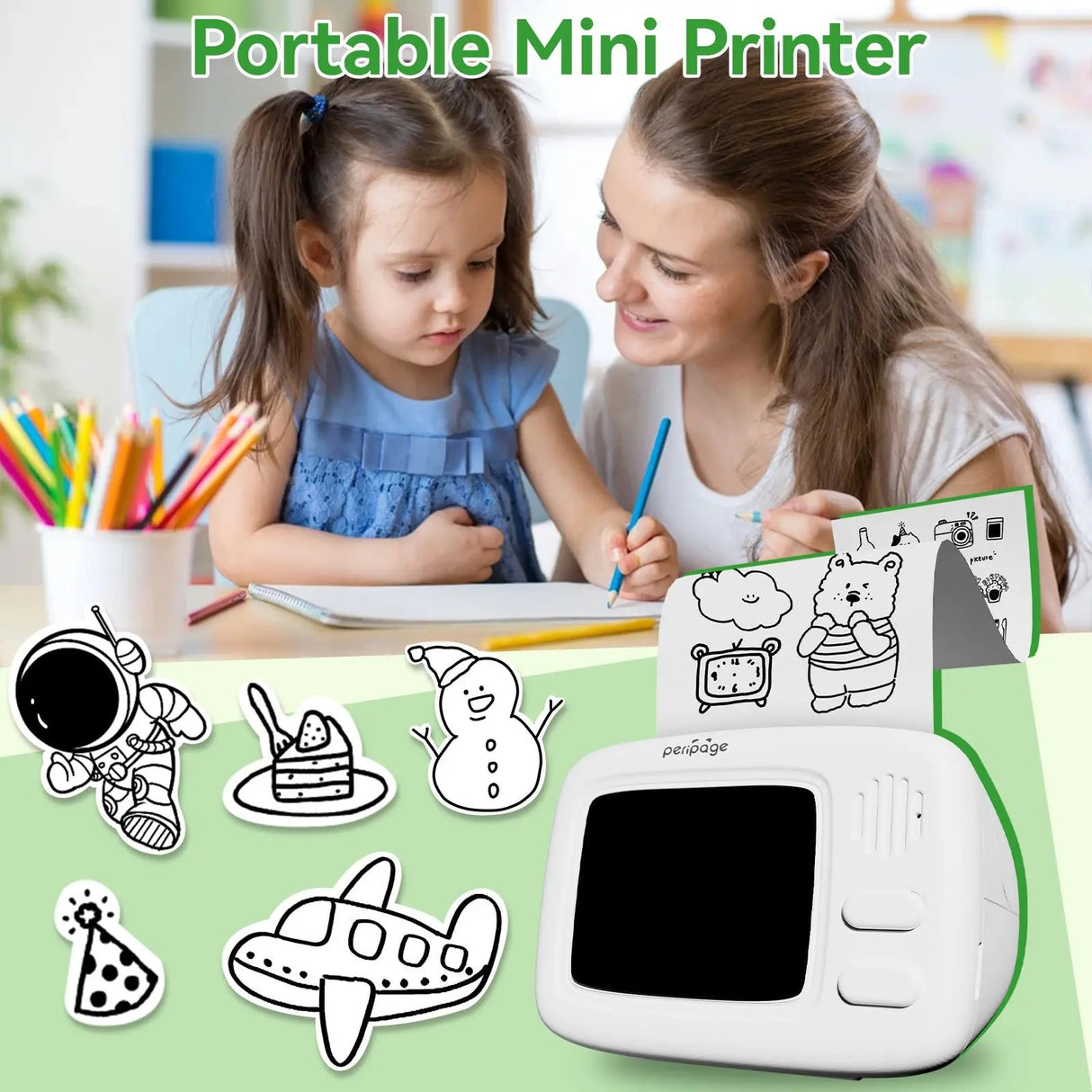 PeriPage A2 Portable Thermal Printer shown with various rolls of thermal paper, ready for inkless printing