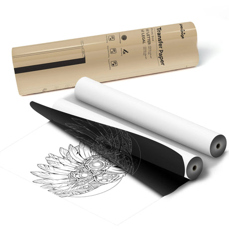 PeriPage A4 Transfer Paper rolls on a desk beside books, showing fade-less and ink-less printing feature.