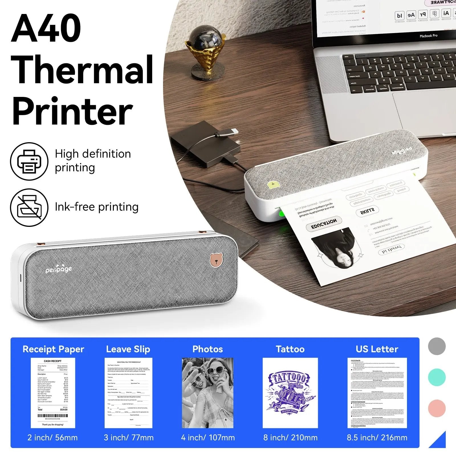 A40 Portable Thermal A4 Printer – 203/304DPI, 2600mAh Battery
