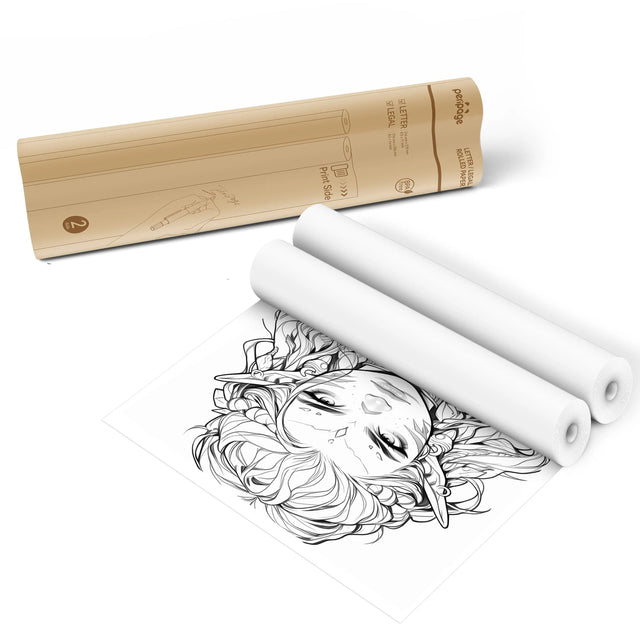 Technical specifications and size chart for PeriPage A40 thermal paper, showing compatible dimensions including Letter and Legal size rolls.