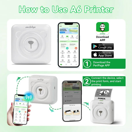 Wirelessly connect your PeriPage A6 mini printer to both phones and computers via Bluetooth for convenient cord-free printing.