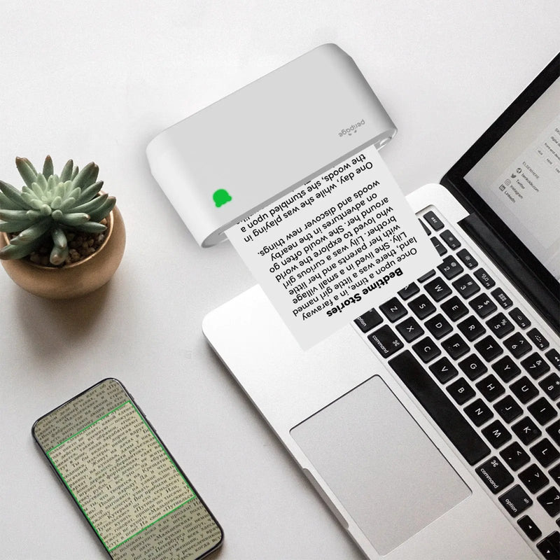 PeriPage A9 Max portable mini thermal printer on desk printing “Inkless Printing”, ideal for home or office use.