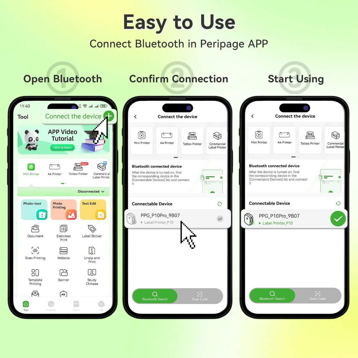 Step-by-step guide for connecting Bluetooth in the Peripage app, showing the process from opening Bluetooth to confirming connection