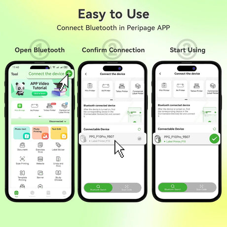 Step-by-step guide for connecting Bluetooth in the Peripage app, showing the process from opening Bluetooth to confirming connection