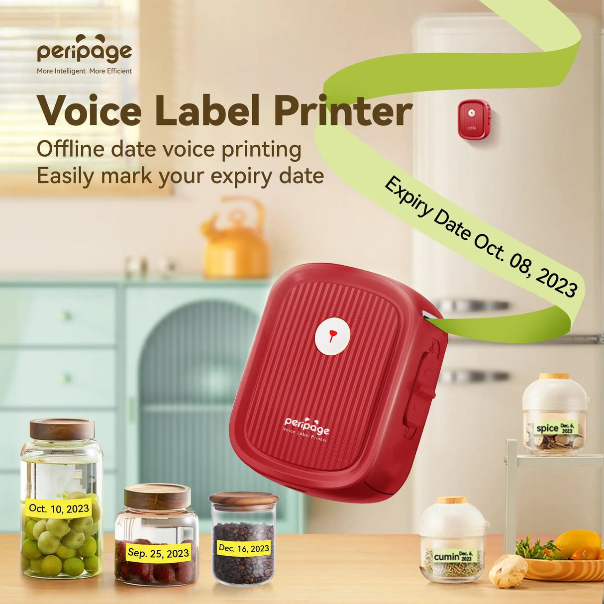 PeriPage P10 Voice Label Printer printing date stickers for food containers, ideal for kitchen organization and storage management.