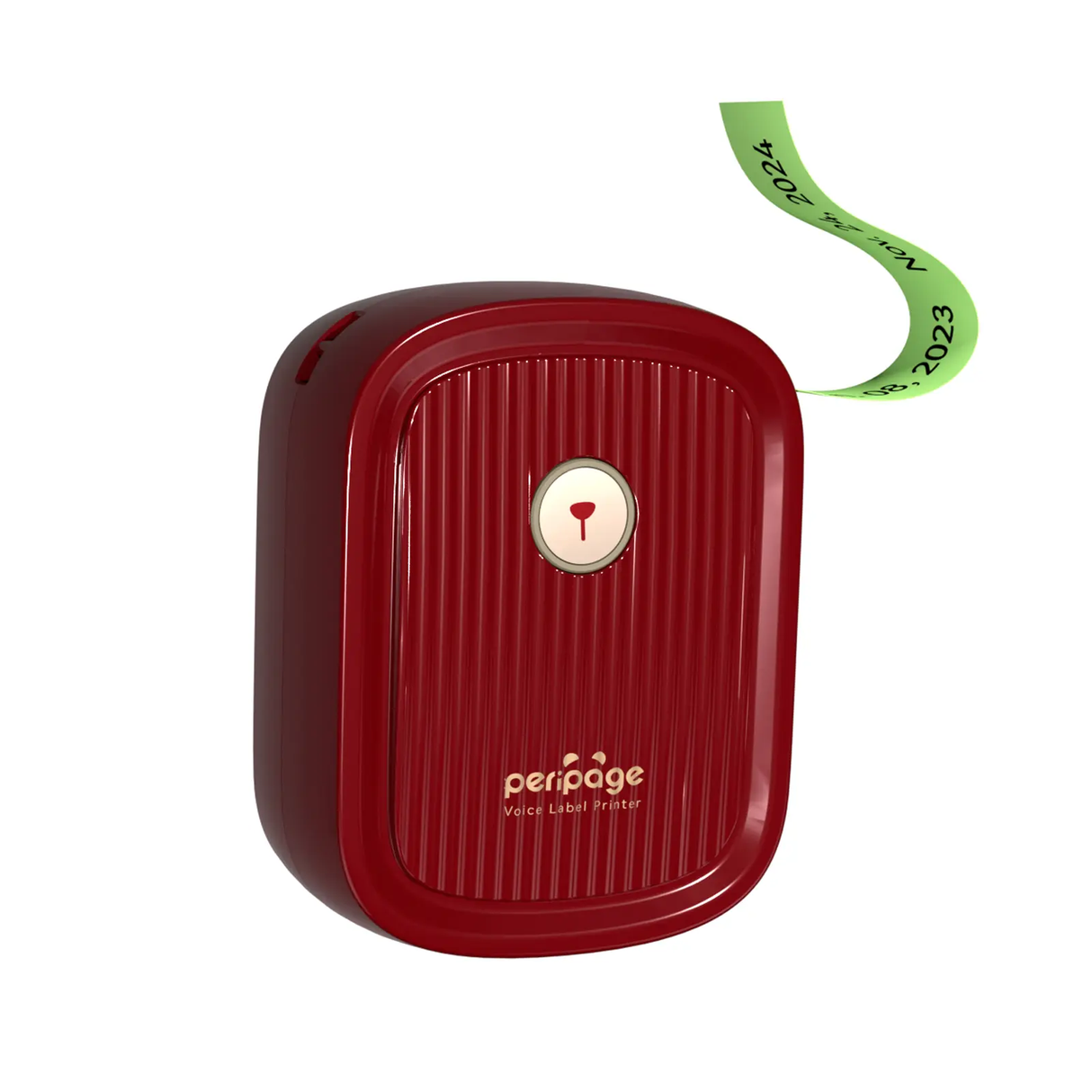 Compact PeriPage P10 Voice Label Printer printing vibrant green labels for daily organization needs.