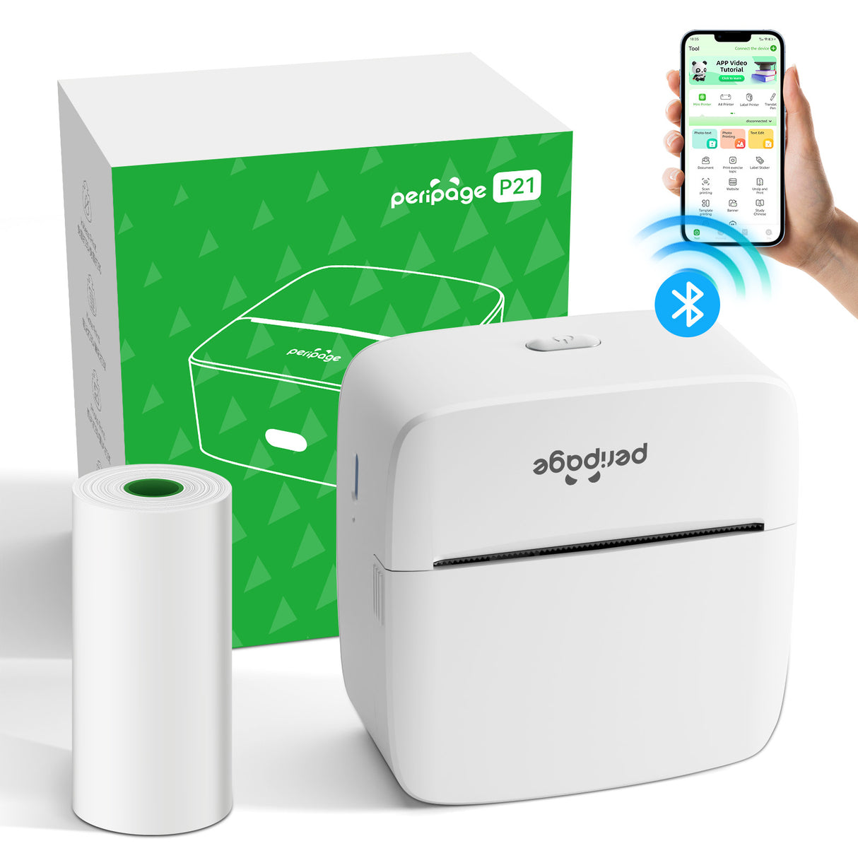 The compact PeriPage P21 portable Bluetooth thermal printer, featuring sleek design and easy-to-use functionality for everyday printing needs.