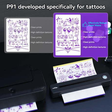 The PeriPage P91 delivers clean, high-definition tattoo prints with sharp textures, effectively reducing paper waste for professionals and enthusiasts.