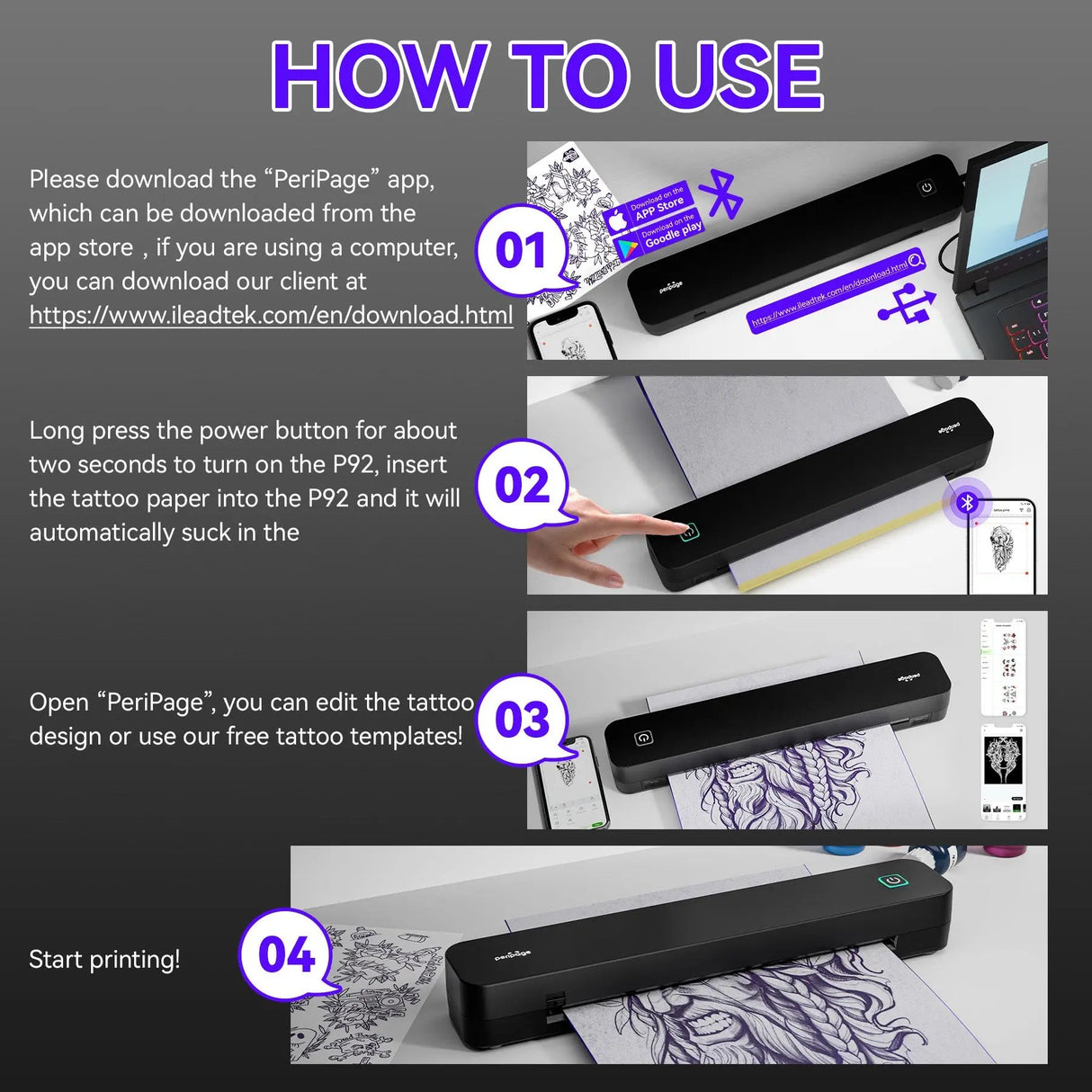 How to Use Your PeriPage P92 Tattoo Printer - Download the App, Power On, Insert Stencil Paper, and Start Printing Your Designs in a Few Simple Steps.