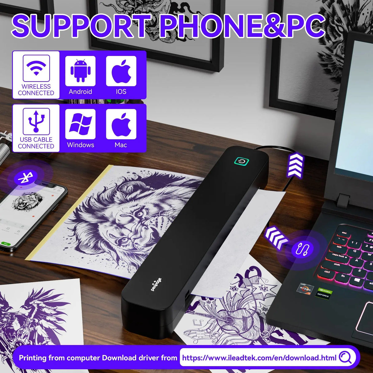 Connect Your PeriPage P92 Tattoo Printer Wirelessly via Bluetooth or with USB Cable. Supports Printing from Both Phone and Computer for Ultimate Flexibility.