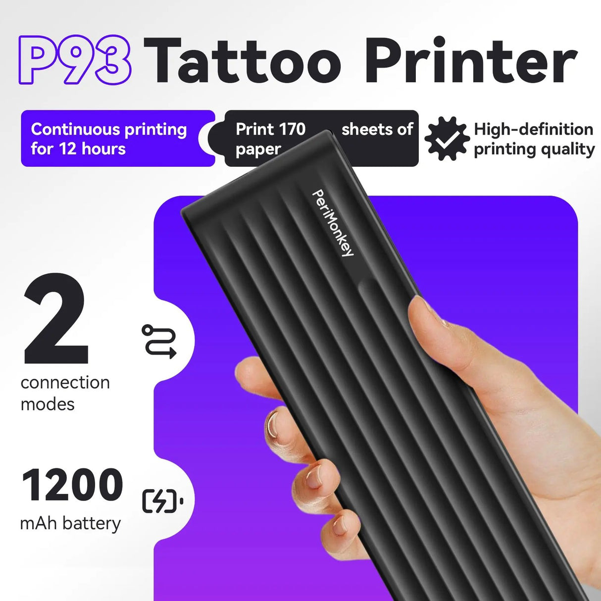 The PeriPage P93 features versatile 2-in-1 connectivity: use the USB-Type-C cable for a dedicated connection or go wireless for ultimate flexibility.