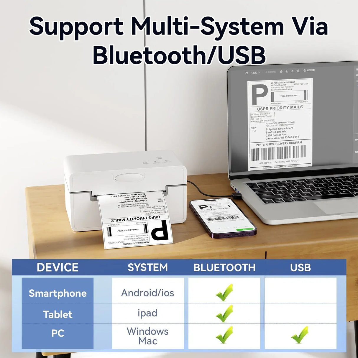 The PeriPage PB41 label printer supports both Bluetooth and USB connectivity, making it compatible with Android, iOS, and Windows devices for versatile use.