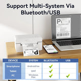 The PeriPage PB41 label printer supports both Bluetooth and USB connectivity, making it compatible with Android, iOS, and Windows devices for versatile use.