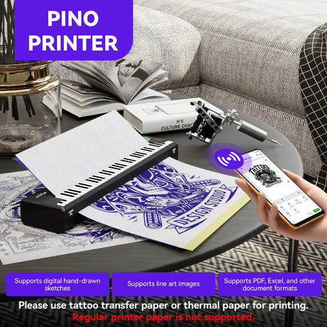 PeriPage Pino tattoo printer supports digital hand-drawn sketches, line art images, and PDF/Excel documents. Requires tattoo transfer or thermal paper.