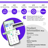 PeriPage Pino tattoo machine offers ink-free HD printing, time savings, and multiple templates. Dimensions: 10.5x3.1x2.1 inches, 700g, 1200mAh battery, Wireless & USB connectivity.