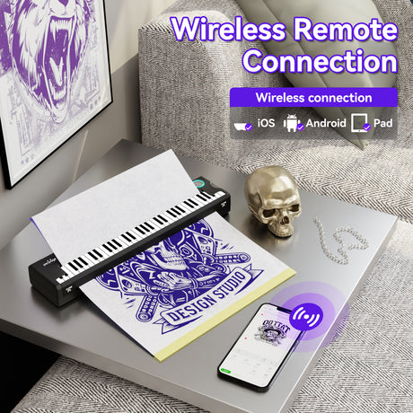 Wireless remote connection for the PeriPage Pino tattoo printer - compatible with iOS, Android, and Pad devices for cord-free convenience.