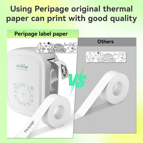 Comparison between Peripage label paper and other brands, highlighting superior print quality on Peripage paper