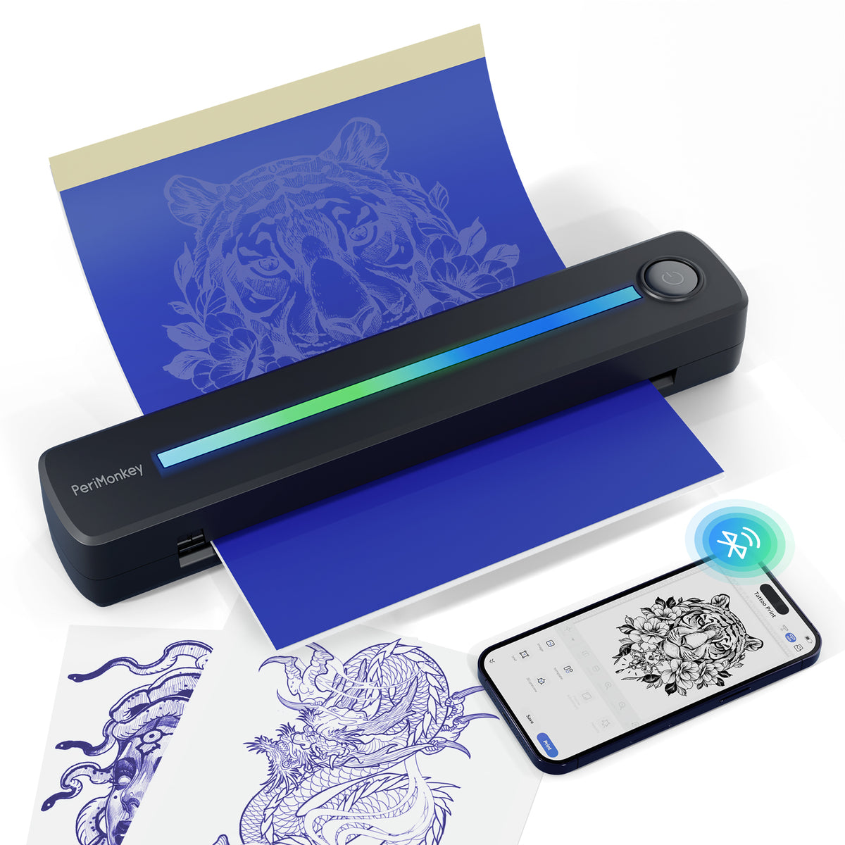 peripage P91s: AI-Powered Tattoo Stencil Printer for Tattoo & DIY enthusiasts, showcasing the 3D preview of a tattoo design being selected and printed in real-time through the app