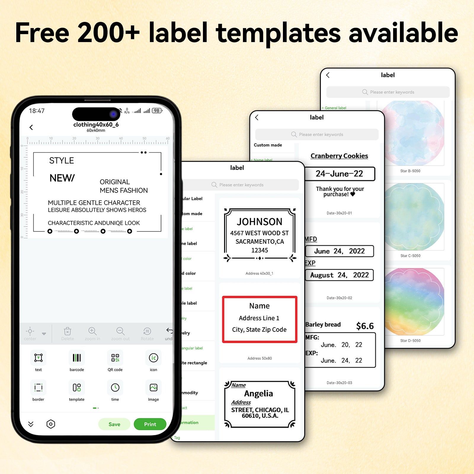 PB20 Bluetooth Label Printer, 2 Inch Portable Picture Thermal Printer, showcasing over 200 label templates available in the app