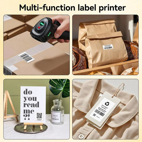 PB20 Bluetooth Label Printer, 2 Inch Portable Picture Thermal Printer, showcasing daily usage scenarios and printing with barcode scanning support