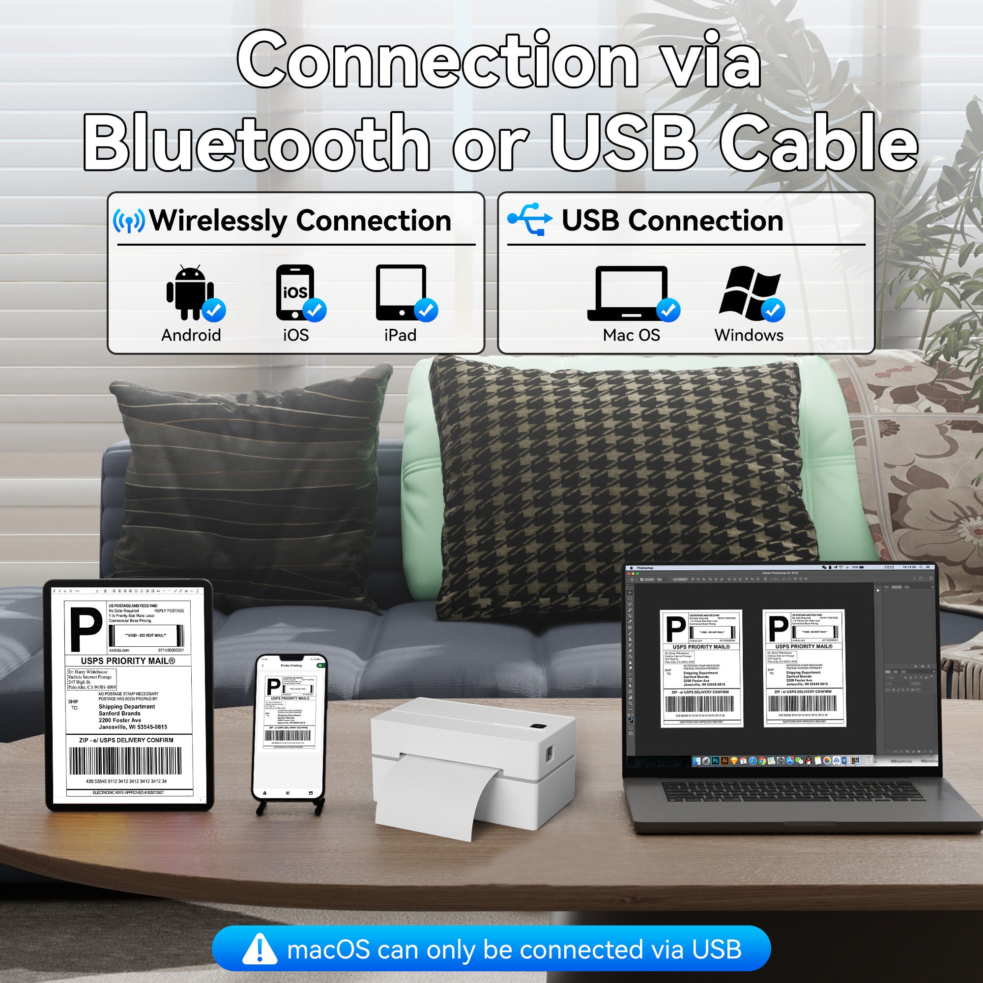 PB 40 Shipping Label Printer in White, supports Bluetooth and USB connections for seamless printing from iPhone, iPad, Android, Windows, and Mac devices. Compact wireless label printer displayed on a table, printing shipping labels next to smartphone, tablet, and laptop.