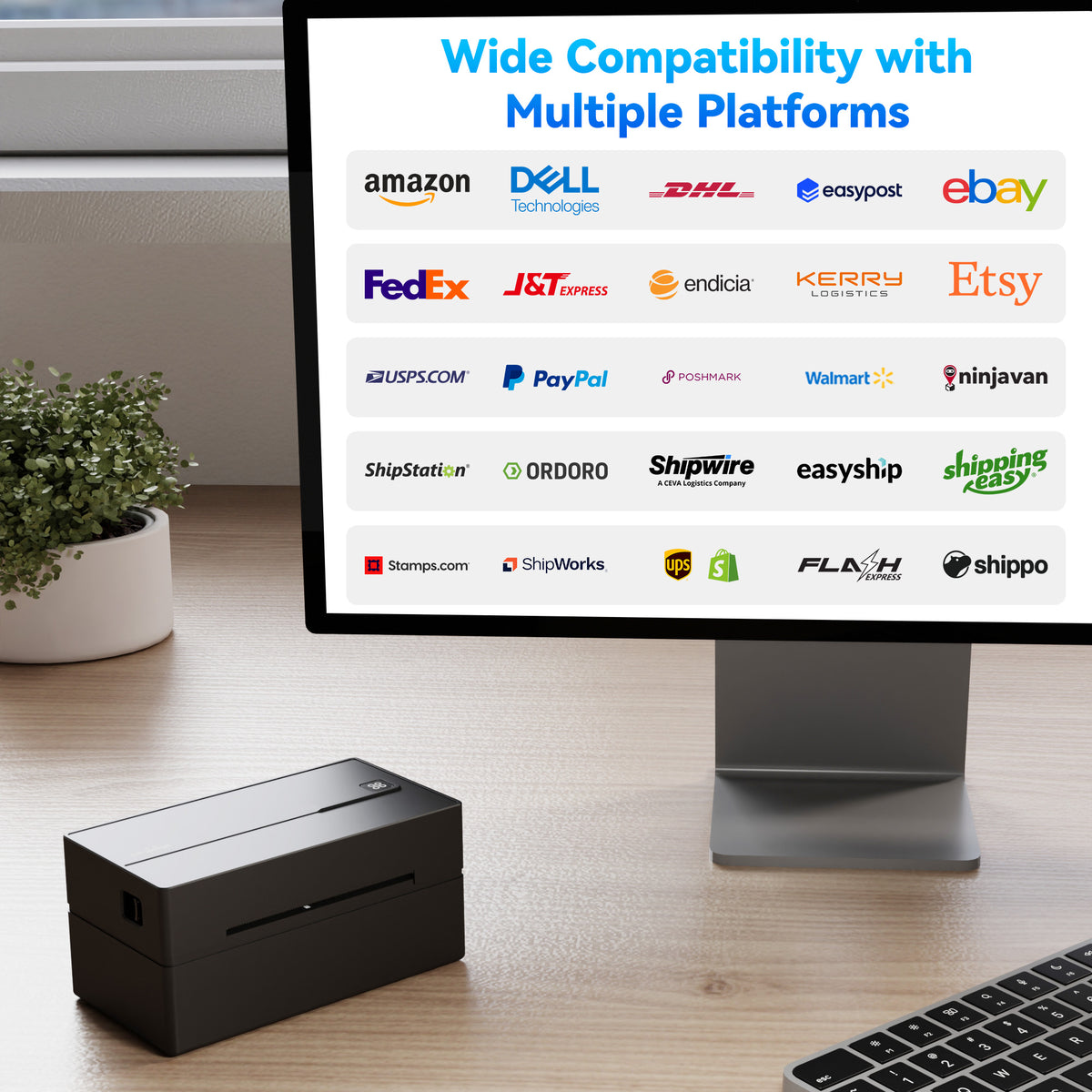 peripage PB40 Shipping Label Printer for Shipping Packages, supporting iPhone, iPad, Android, Windows, and Mac, placed on a desk beside a computer displaying various shipping carrier logos.