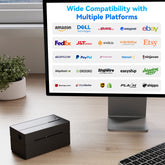 peripage PB40 Shipping Label Printer for Shipping Packages, supporting iPhone, iPad, Android, Windows, and Mac, placed on a desk beside a computer displaying various shipping carrier logos.
