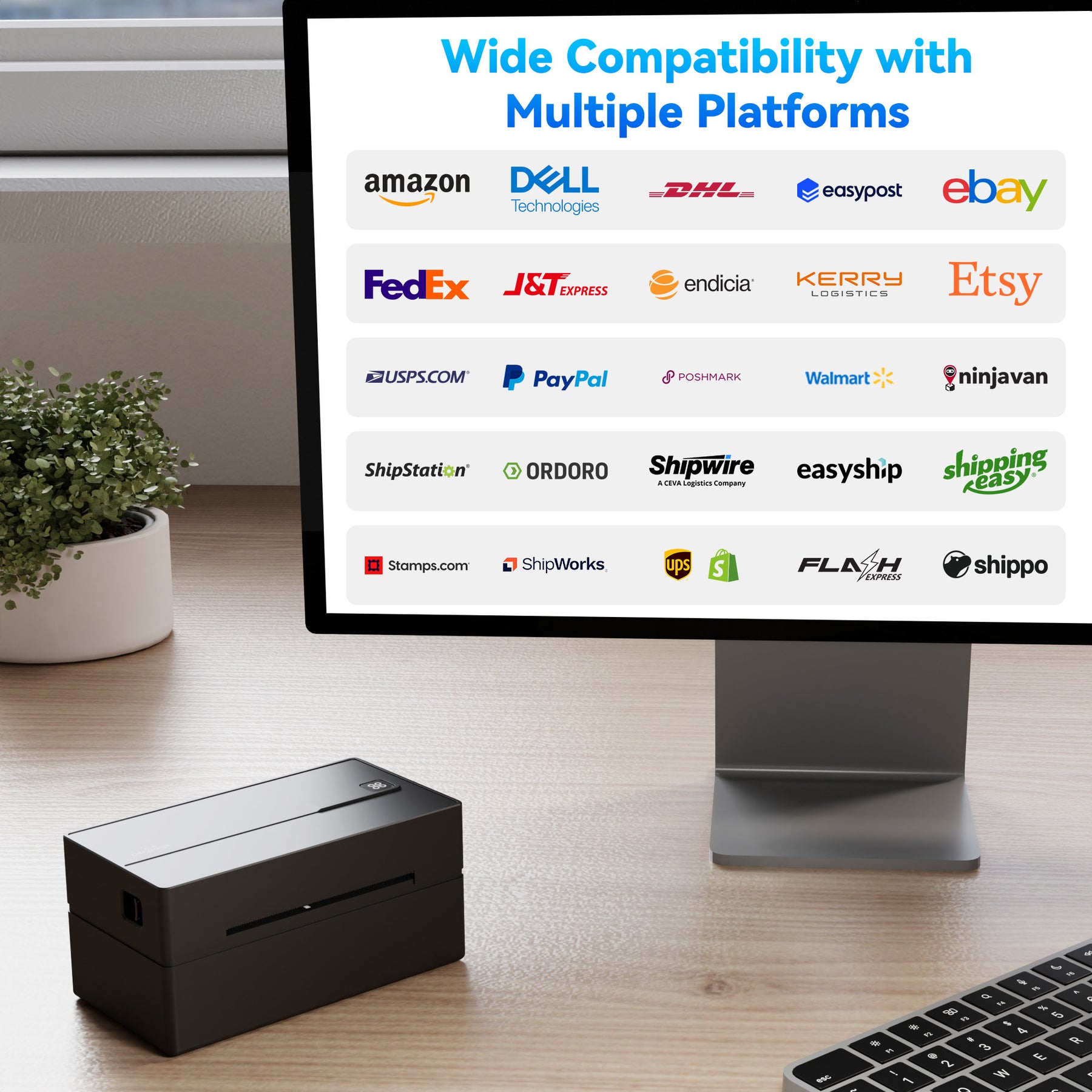 peripage PB40 Shipping Label Printer for Shipping Packages, supporting iPhone, iPad, Android, Windows, and Mac, placed on a desk beside a computer displaying various shipping carrier logos.