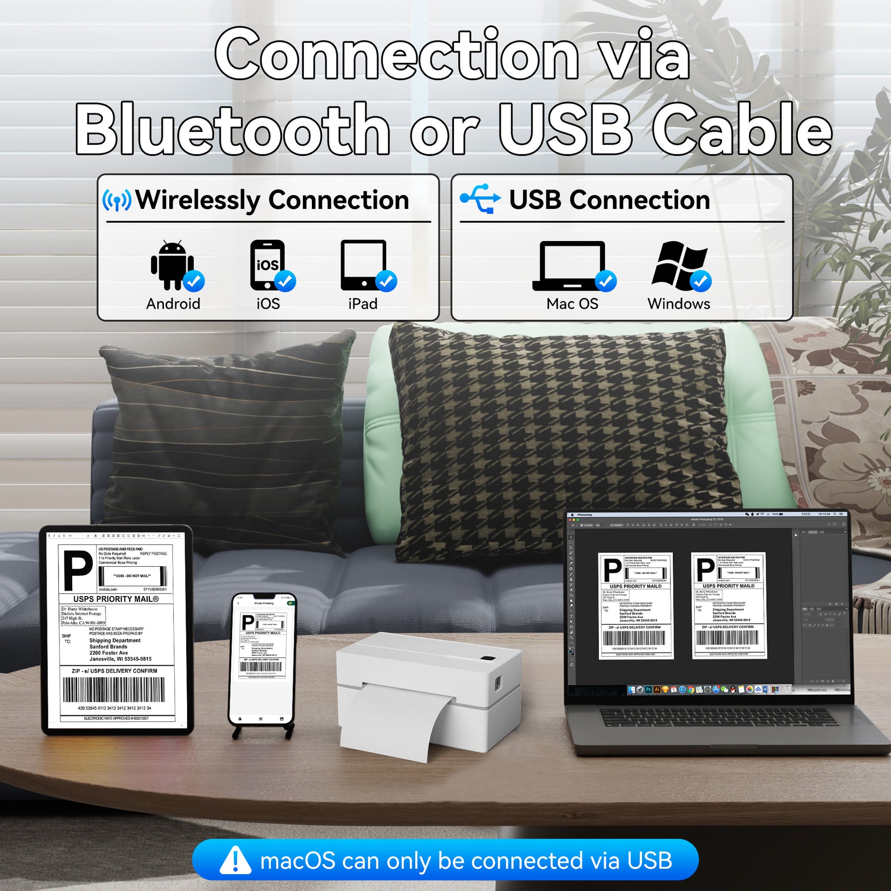 PB 40 Shipping Label Printer in White, supports Bluetooth and USB connections for seamless printing from iPhone, iPad, Android, Windows, and Mac devices. Compact wireless label printer displayed on a table, printing shipping labels next to smartphone, tablet, and laptop.